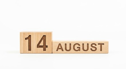 Minimalist photo of wooden blocks with date 14 August. Day and month, calendar on white background.