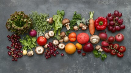 Vegan diet with a high content of dietary fiber and strengthens the immune system: fresh vegetables, fruits, nuts, mushrooms and berries. On a gray stone background. Top view