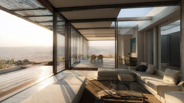 Daytime view of airy modern home with floor-to-ceiling glass and open sliding doors, sunlight pouring into minimalist interior