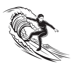 Surfer girl riding wave illustration in black and white