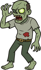Cartoon zombie character with glowing eyes, creepy red teeth, torn clothes, spooky pose, perfect for Halloween, horror, undead, monster illustrations