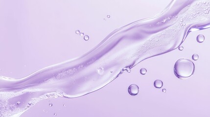 Clear lilac cosmetic gel texture flowing with bubbles. Dripping jelly serum beauty skincare product isolated on violet background.