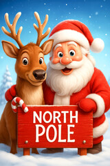Santa Claus with his cute reindeer at the North Pole.