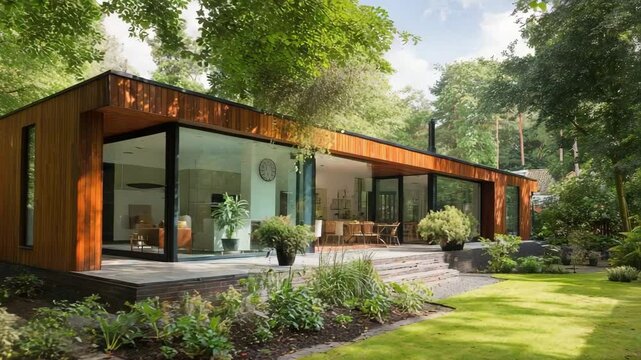 Daytime view of minimalist flat-roof house with floor-to-ceiling glass and warm wooden cladding, surrounded by greenery