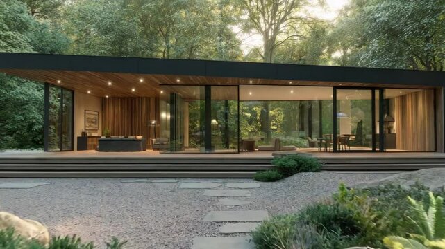 Daytime view of minimalist flat-roof house with floor-to-ceiling glass and warm wooden cladding, surrounded by greenery