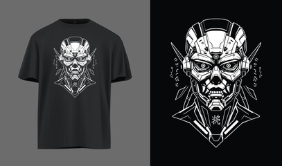 Fototapeta premium Futuristic Cyborg Face Vector – White Minimal Techwear Design on Black