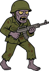 Fototapeta premium Barefoot cartoon soldier in camouflage holding rifle, army illustration, combat character, military drawing, warfare concept, armed stance