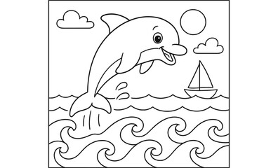 Obraz premium Cute dolphin coloring page with sailboat and waves for kids
