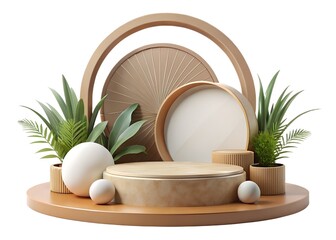 Modern minimalist display stage with plants and geometric shapes isolated on transparent background