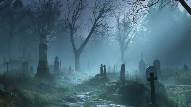 Eerie cemetery scene at dusk, ancient headstones scattered beneath towering trees, heavy mist blanketing the ground