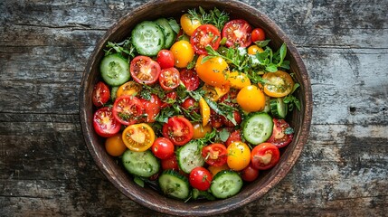 Vibrant Tomato and Cucumber Salad in Wooden Bowl on Rustic Table