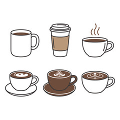 A Set of Six Minimalist Coffee Cup Illustrations Perfect for Cafe Menus and Branding