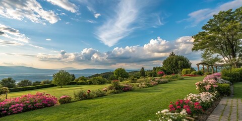 Tuscan Garden Vista Floral Pathway Under a Cloudy Sky, Italy , Landscape