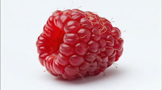 This image captures a single, perfectly ripe raspberry in stunning detail against a clean, white backdrop.