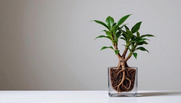 Fototapeta Vibrant green indoor plant with thick leaves and visible roots in a clear glass pot on a plain white background for home decor and plant care themes