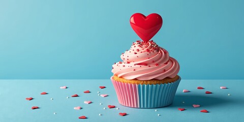 Valentine Cupcake Pink Swirl Frosting, Red Heart Topper, on Blue, Sweet Treat , Dessert