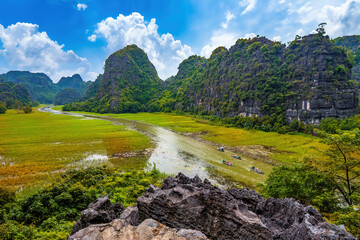 aerial view of Tam Coc which is a very famous destination of Ninh Binh city