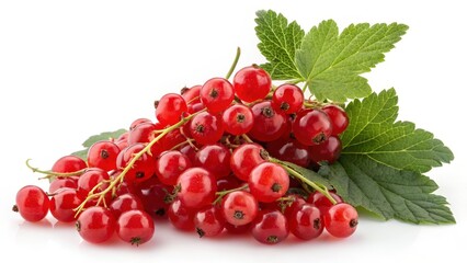 Vibrant Red Currant Berries with Green Leaves on White, Fresh , Fruit
