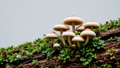 Close-up of a cluster of small brown mushrooms growing on a fallen log surrounded by green moss and foliage in a forest setting du daylight