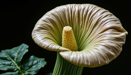 Close-up of a beautiful elegant beige anthurium flower with lush green leaves and a dark background, showcasing detailed petals and reproductive structures for botanical and floral design use