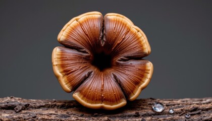 Close-up of a Brown Mushroom with a Curled Cap Growing on a Tree Log with Water Droplet on Surface against Gray Background