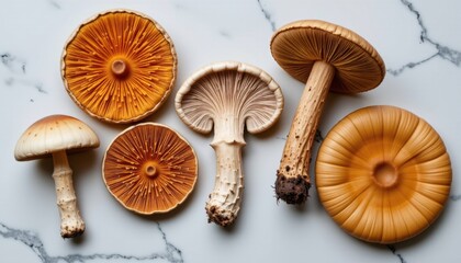 Assorted wild mushrooms including cap and stem types arranged on a white marble surface with veining, showcasing different shapes, sizes, and colors in close-up