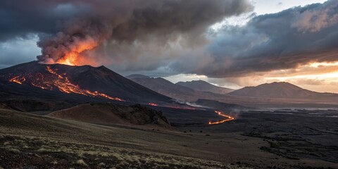 Volcanic Fury Lava Flows at Sunset Under Stormy Skies, Volcanic eruption , Geology
