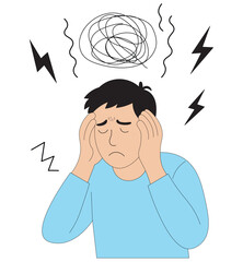 Young Man Holding Head in Pain with Lightning Bolts Migraine or Headache Concept Vector. Frustrated Man Suffering from Intense Headache Mental Pressure and Stress Illustration.