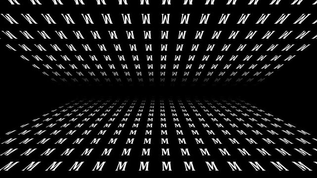 Retro futuristic background animation of space tunnel travel ship pov perspective movement of alphabeth letter M