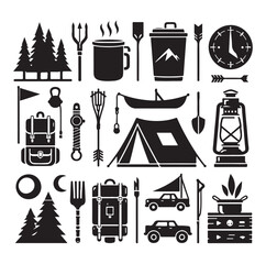 Camping elements set silhouette vector graphics