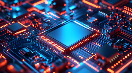 Obraz premium Close up of glowing circuit board with microchips and electronic components, showcasing intricate details and vibrant colors