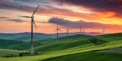 Wind Turbines on Green Hills at Sunset, Ecology ,Renewable Energy