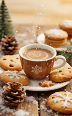 Cozy Christmas Morning: Warm Hot Chocolate with Gingerbread Cookies, Pine Cones, and Falling Powdered Sugar on a Rustic Wooden Table