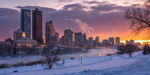 Winter Cityscape Sunset Snowy Path to City Skyline, urban ,winter