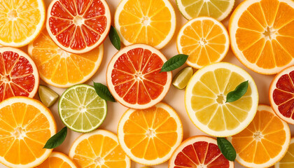 Bright citrus slices arranged in a vibrant display showcasing lemons, limes, oranges, and grapefruits on a light background