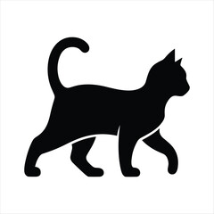 Black cat silhouette walking profile view on white background feline animal