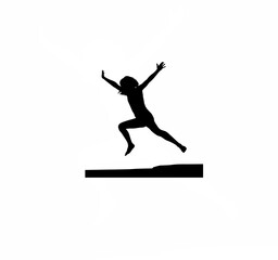 Silhouette of teen jumping down from small height on white background