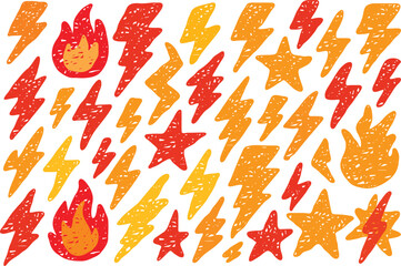 Hand Drawn Lightning Bolt, Fire, and Star Icon Set. Energetic Doodle Elements in Red, Orange, Yellow Crayon Texture. Cartoon Power Flash and Flame Illustration on White Background