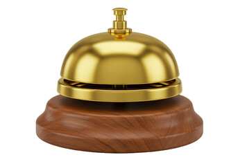 Isolated Brass Reception Bell on Wooden Base