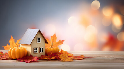 Miniature house pumpkin autumn leaves thanksgiving fall season decoration with warm bokeh light background creating cozy festive atmosphere