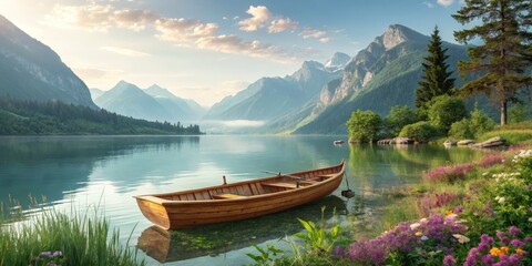 Wooden Boat on Serene Lake with Mountain Backdrop and Floral Shoreline, Scenery , Landscape