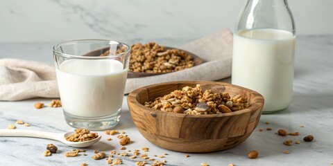 Wooden Bowl of Granola with Milk Glass and Bottle, Breakfast ,Healthy Food