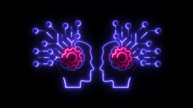 Glowing neon critical thinking icon, with rotation settings animation on black background