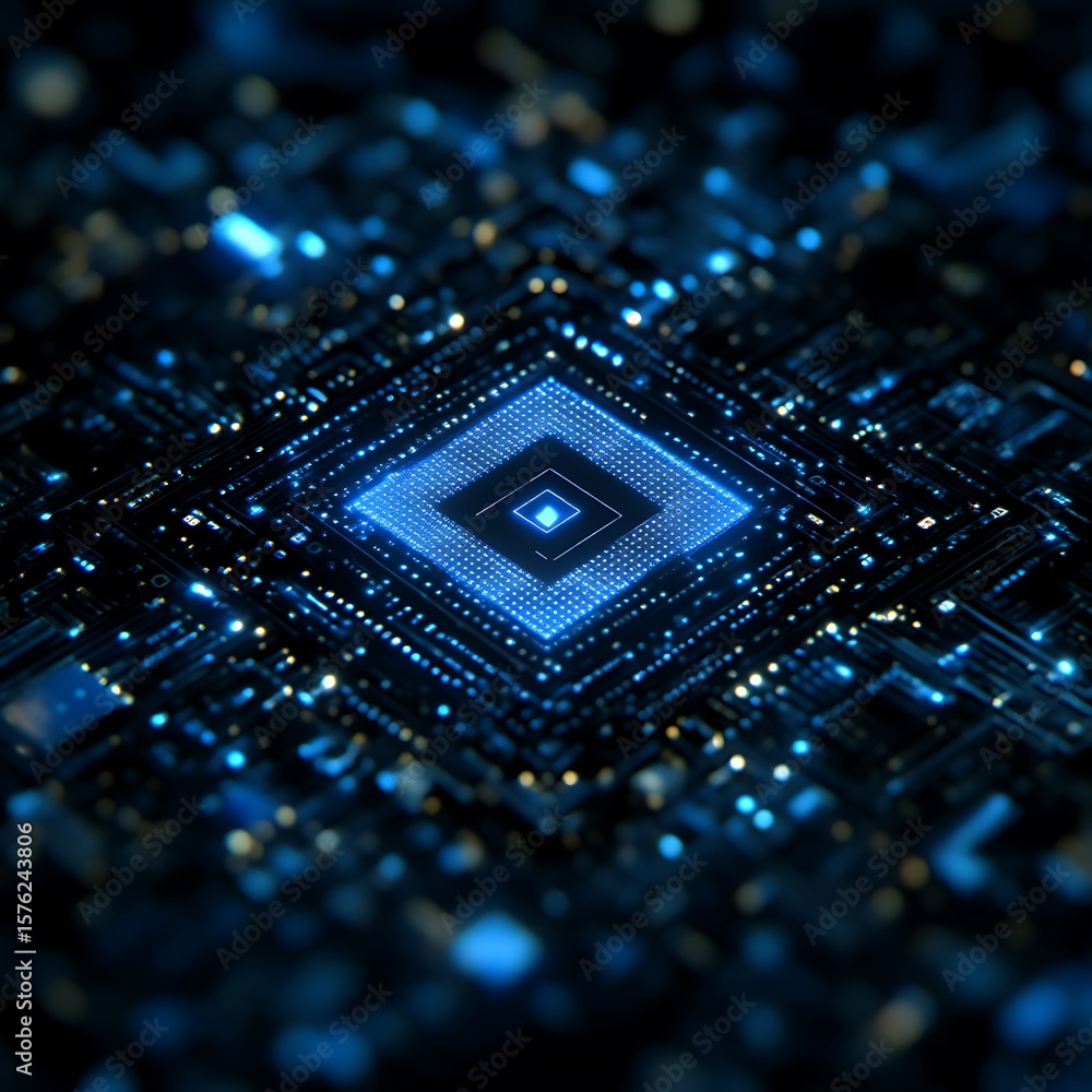 Poster glowing central processor unit on circuit board