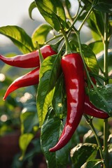 Fiery Red Chili Peppers A vibrant chili peppers display in a garden.