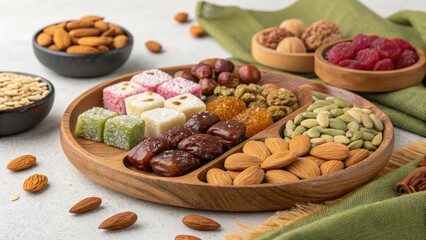 Wooden Platter of Middle Eastern Sweets and Nuts Almonds, Dates and Colorful Delights, turkish delight, nuts