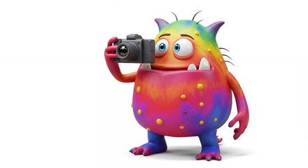 Colorful cartoon monster holding camera