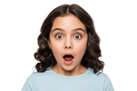 Young girl with wide eyes and an open mouth, expressing genuine surprise and shocked