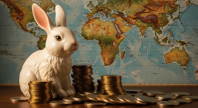 Symbolic White Rabbit with Growing Coins and World Map Suggests Global Financial Prosperity and Growth Opportunities