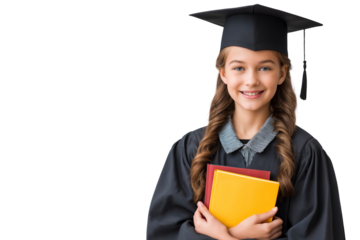 Joyful young girl in a graduation cap and gown, holding books and ready for celebration, isolated on white background